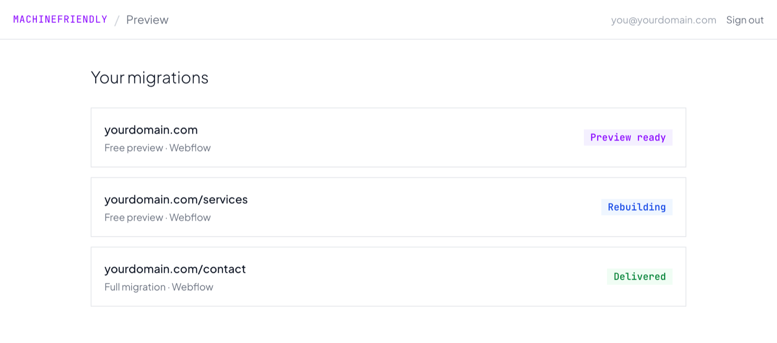MachineFriendly portal listing three migrations with Preview ready, Rebuilding and Delivered statuses